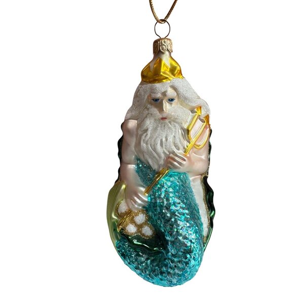 Kurt Adler Polonaise King Neptune Merman Blown Glass Ornament 6½ Aqua Green - Picture 1 of 7